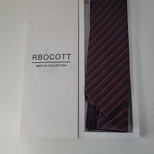 Mens Rbocott Red And Black Striped Silk Hand Made Tie With Clip & Pocket Square
